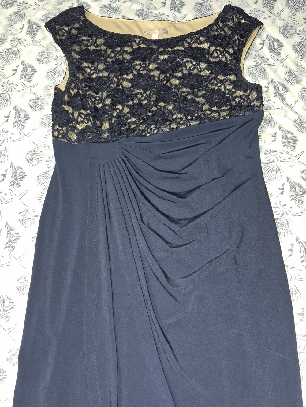 Sleeveless Navy Lace-Top Evening Dress